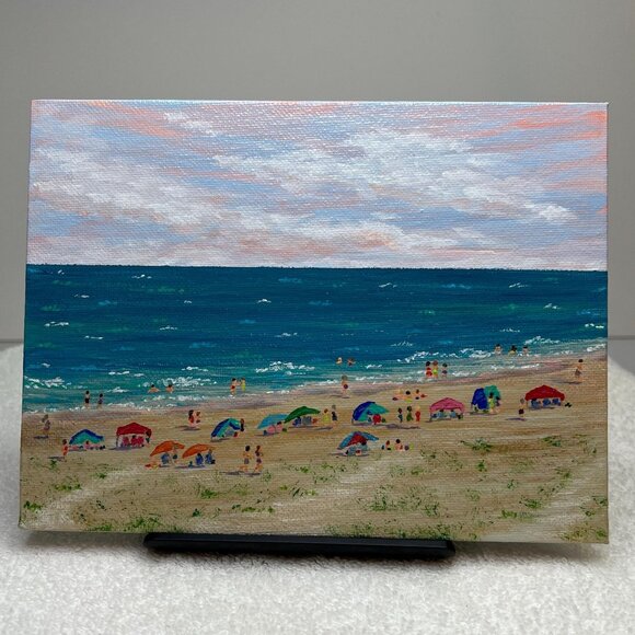 Deb Bossert Other - Beach Day 3 Seaside Acrylic Painting in Size 6" x 8" Landscape on Canvas Panel